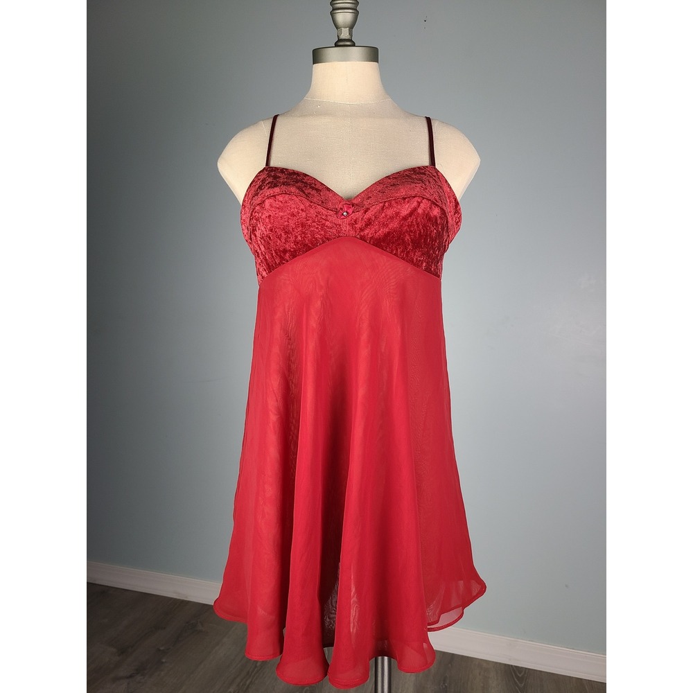 VTG Y2K Victoria's Secret Crushed Velvet Babydoll Mini Dress Red McBling It Girl